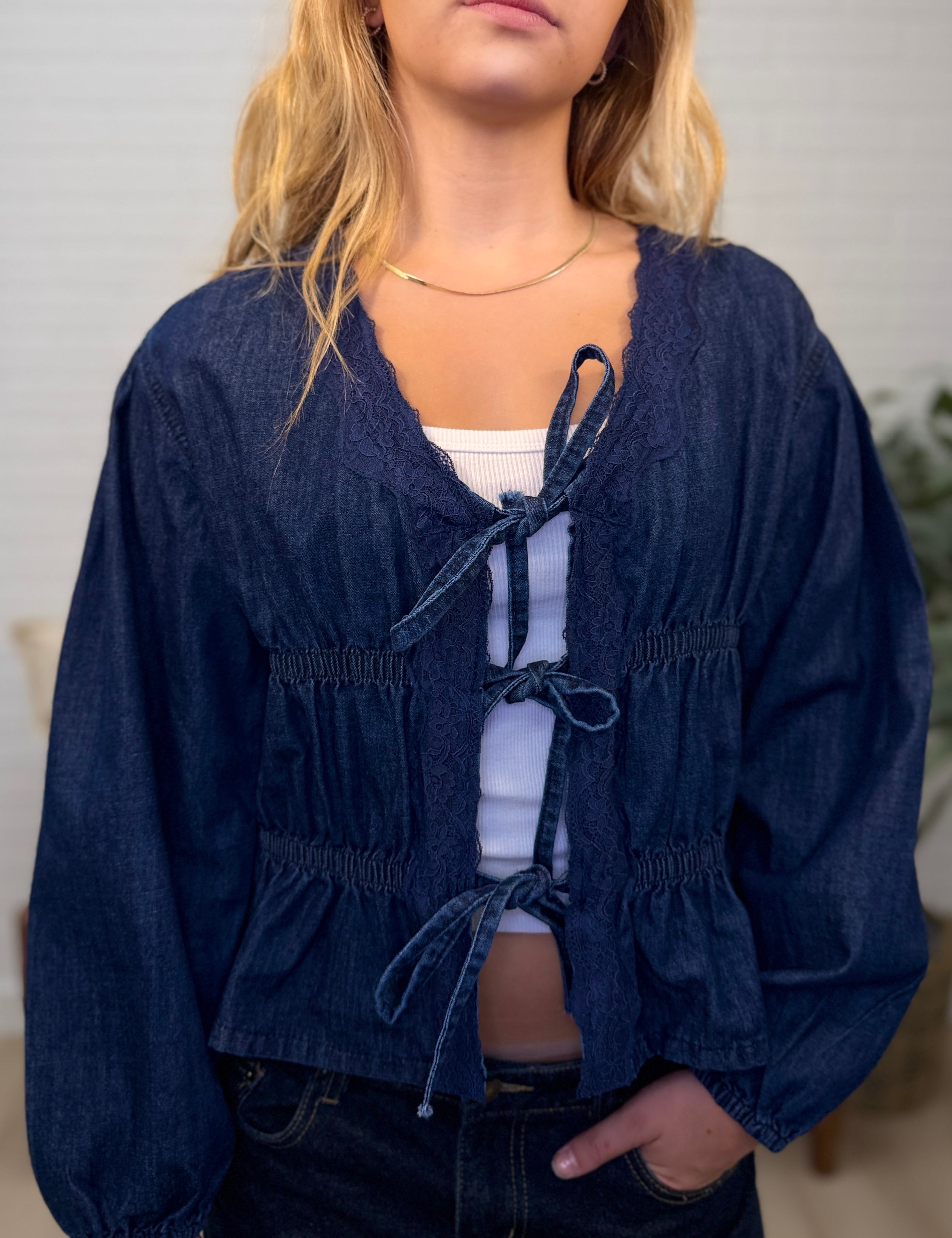 Denim Front Tie Lace Trim Long Sleeve Top