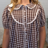 Woven Gingham Check Lace Trimmed Short Blouse Shirt Top