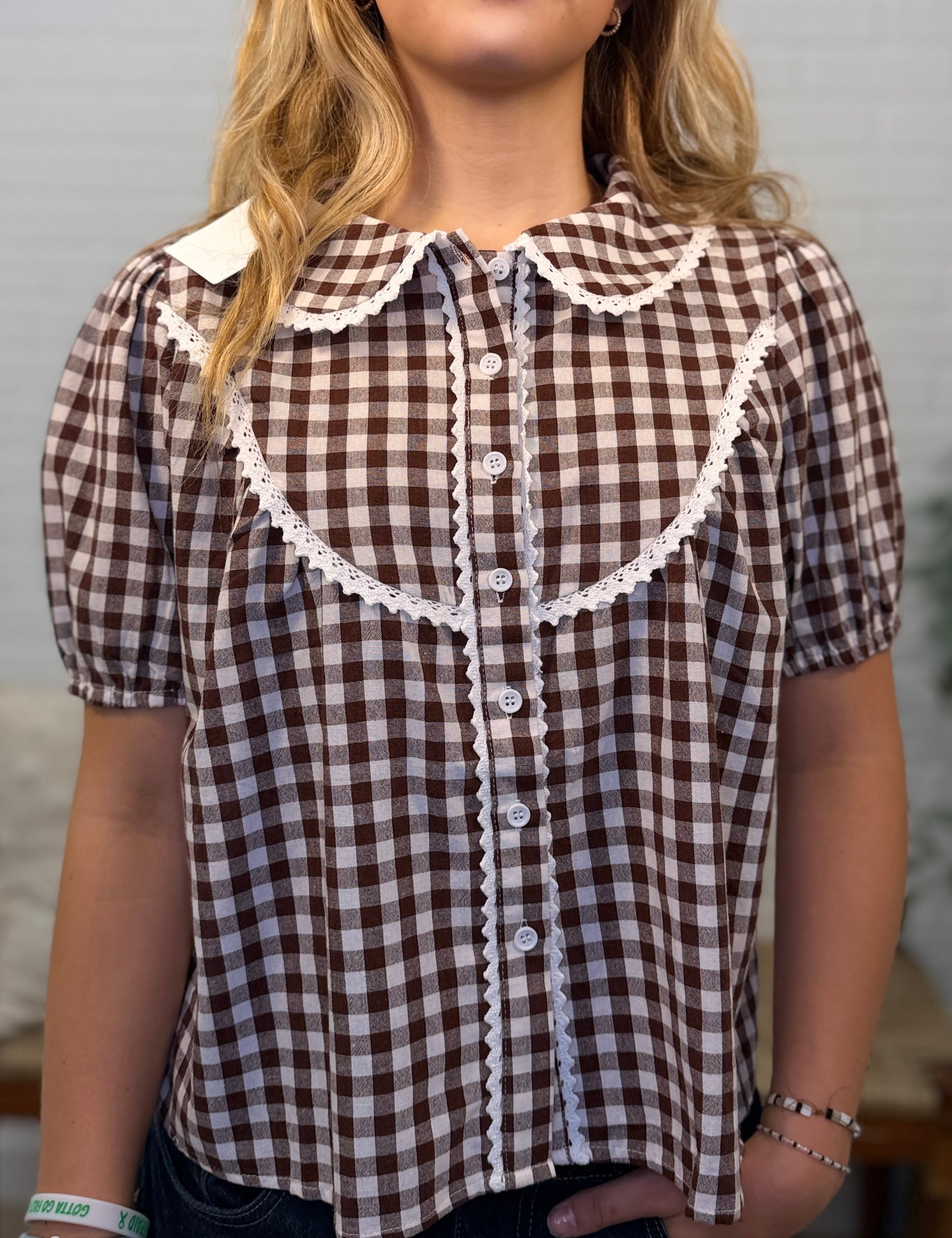 Woven Gingham Check Lace Trimmed Short Blouse Shirt Top