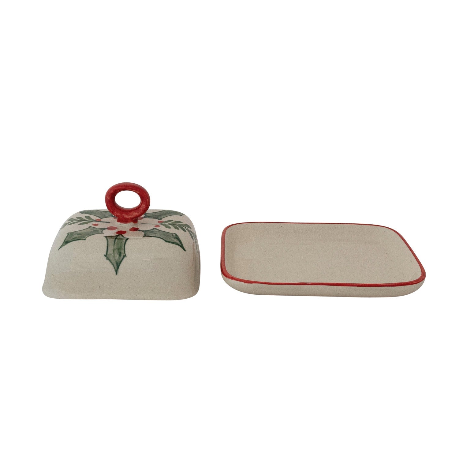 Stoneware Butter Dish W Holiday Botanicals & Colored Handle