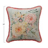 12sq Cotton Slub Pillow W Flowers, Embroidery & Fringe