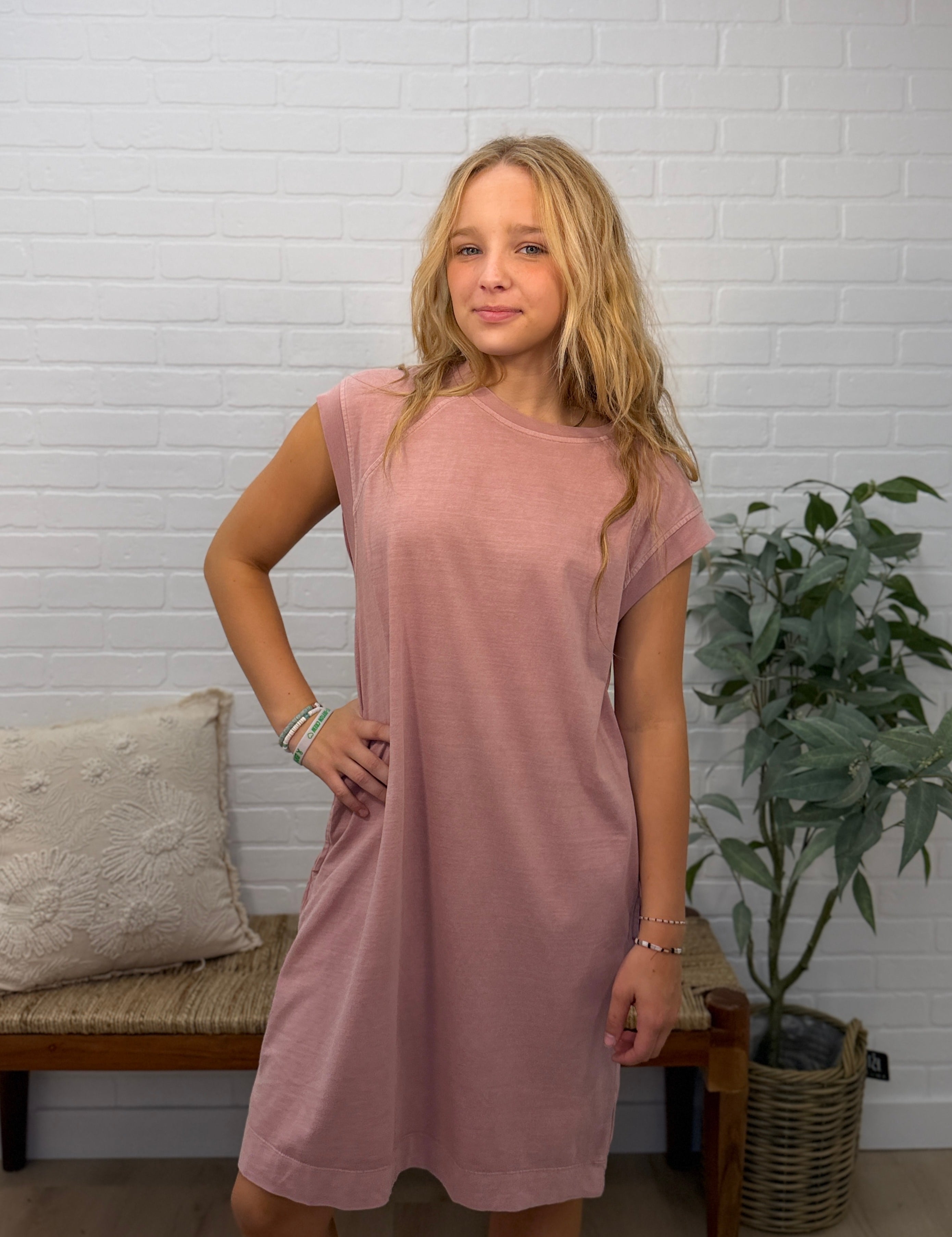 Washed Casual Capped Sleeve Jersey Dress