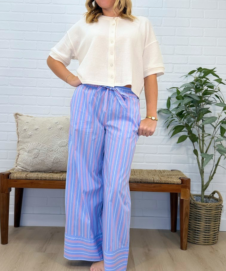 Striped Poplin Straight Pants