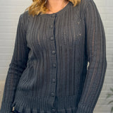 Pointelle Crochet Knit Ruffle Detail Button Up Cardigan