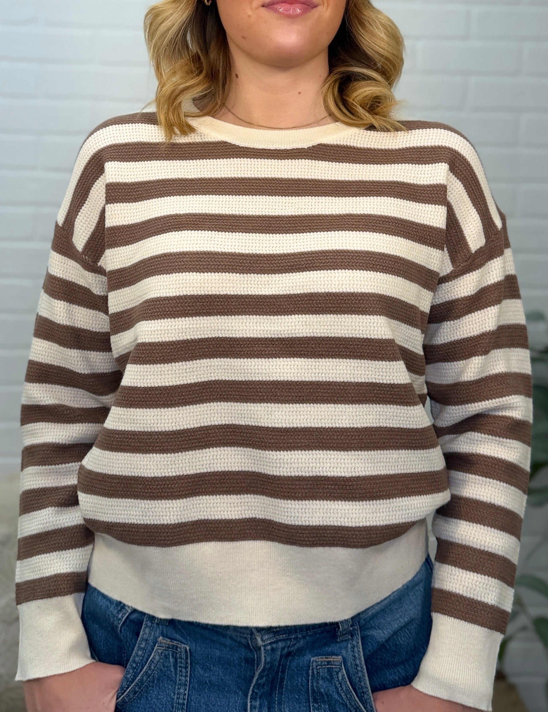 Cozy Waffle Knit Textured Striped Sweater With Drop Shoulder