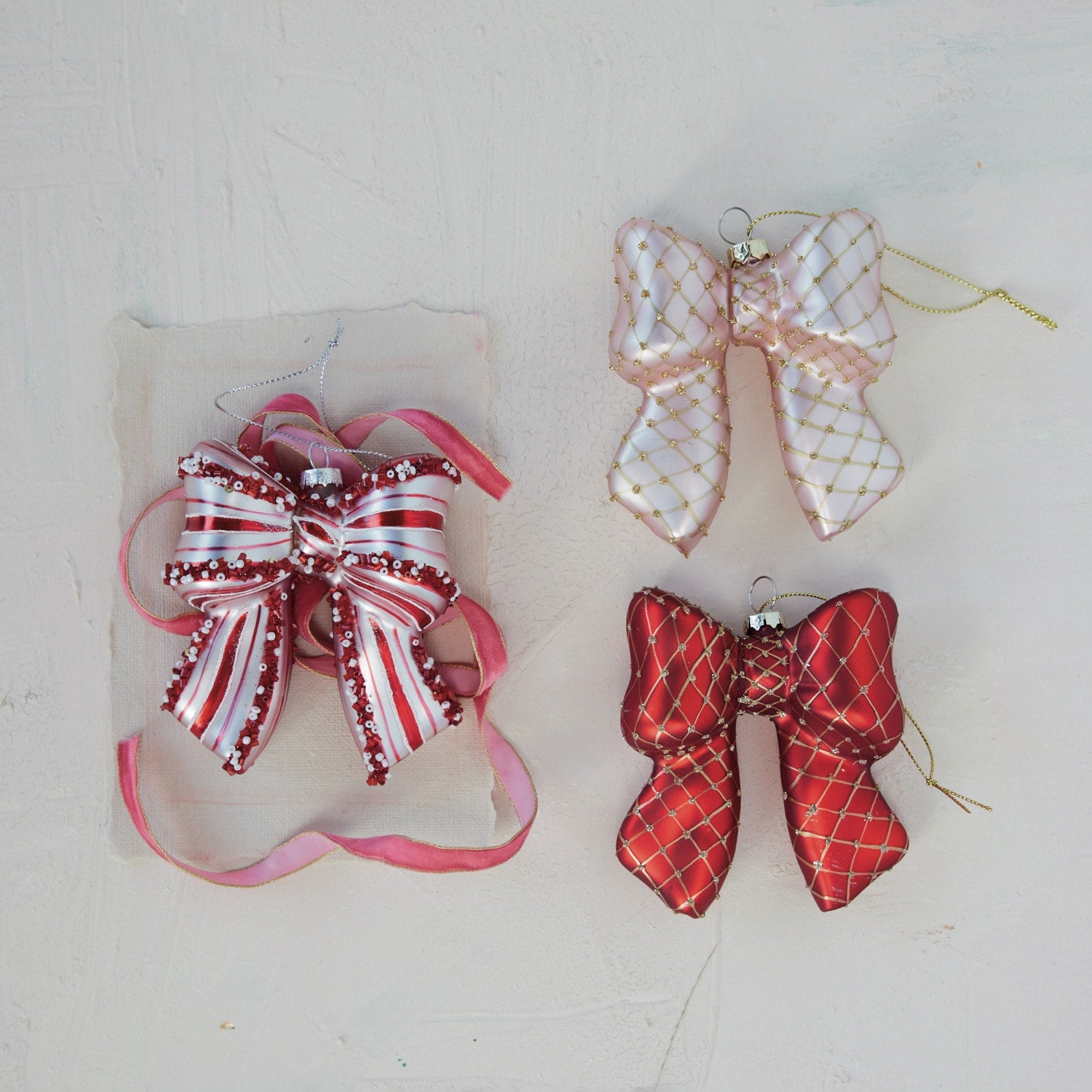 Glass Candy Striped Bow Ornament W Beads, Red & White