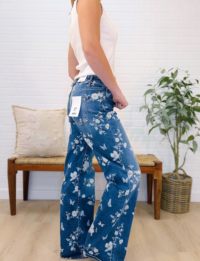 Hr Wide Leg  Floral Embellishment Denim