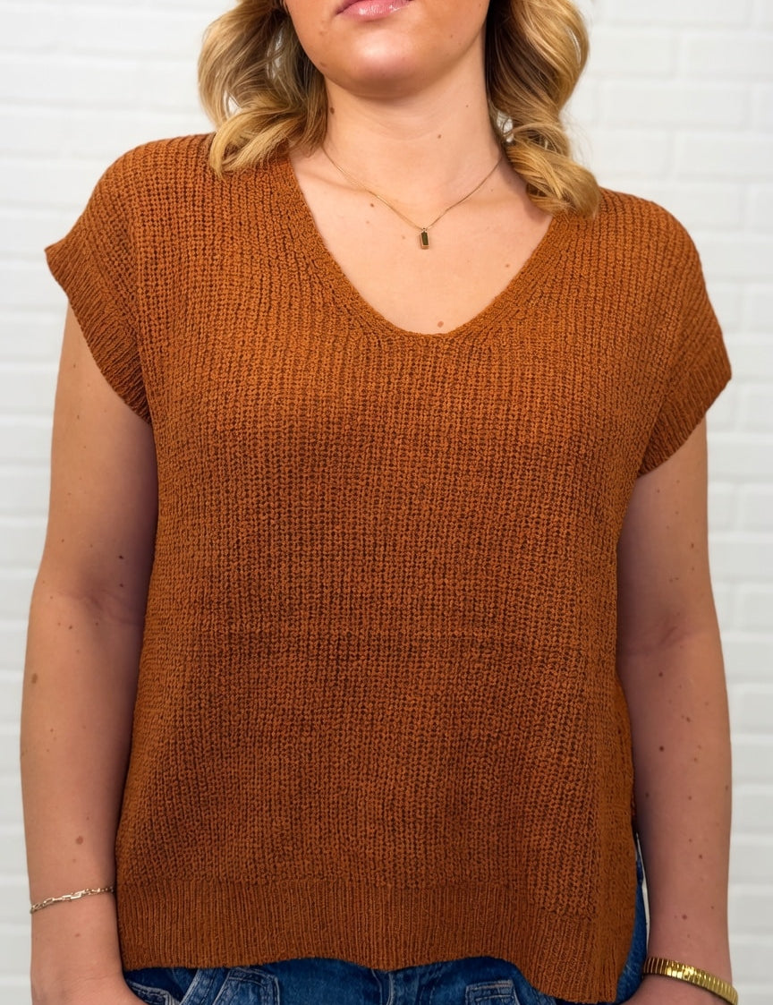 Breezy Cap Sleeve V-neck Sweater Top With Slit Hemline