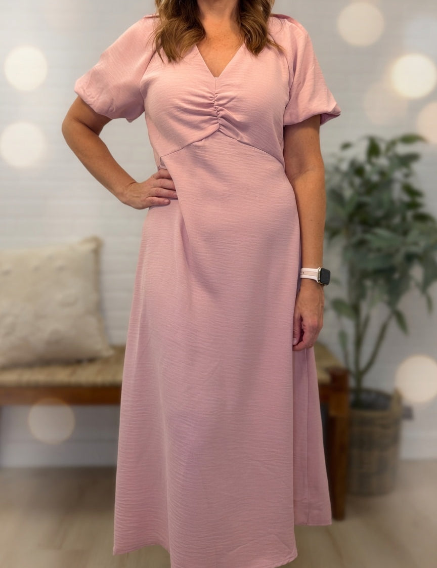 V-neck Midi Slim Dress With Bubble Sleeves