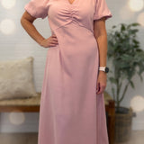 V-neck Midi Slim Dress With Bubble Sleeves