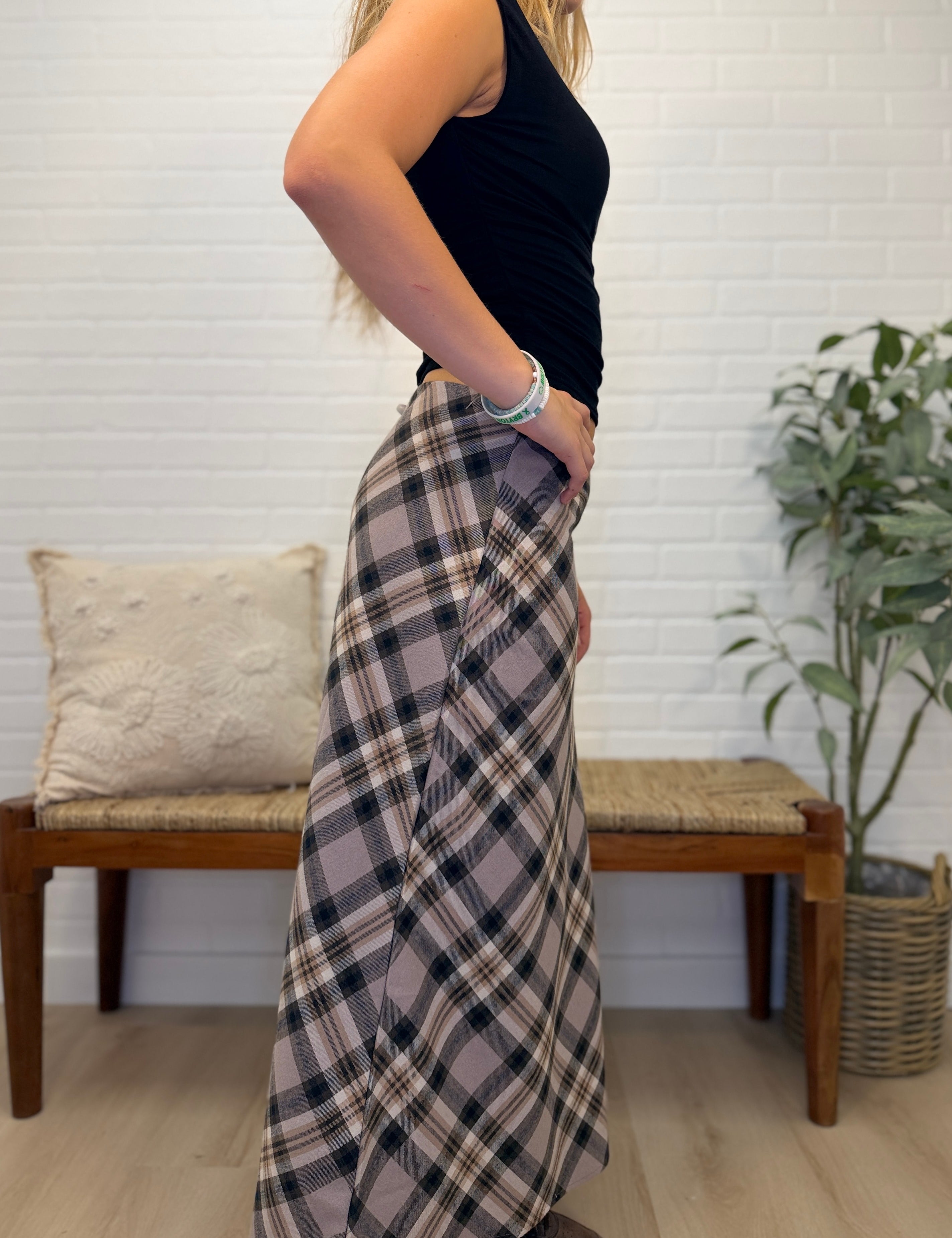 Plaid Print Knee Length A-line Skirt With Elastic Waistline