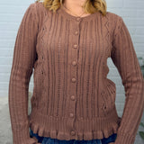 Pointelle Crochet Knit Ruffle Detail Button Up Cardigan