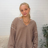 Stripe Split Neck Long Sleeve Seam Detail Knit Top