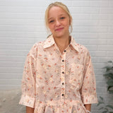 Romantic Floral Collared Blouse With Bell Sleeves Ruffle Hem