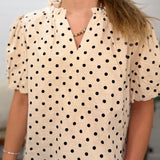 Linen Blend Polka Dot Print Bubble Sleeve Blouse Top