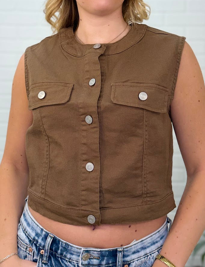 Sleeveless Button Down Stretch Denim Top