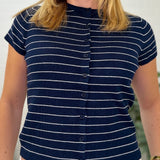 Short Sleeve Crew Neck Button Down Striped Knit Top