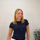 Short Sleeve Crew Neck Button Down Striped Knit Top