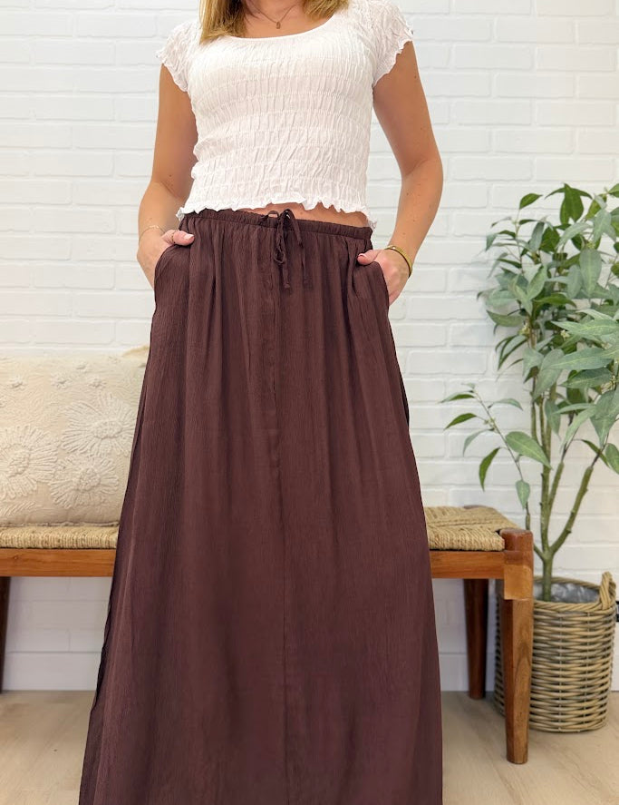 Waist Elastic With Tie Detail Crinkle Woven Long Skirt