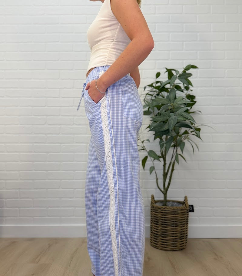 Wide Check Pants W/ Lace Trim