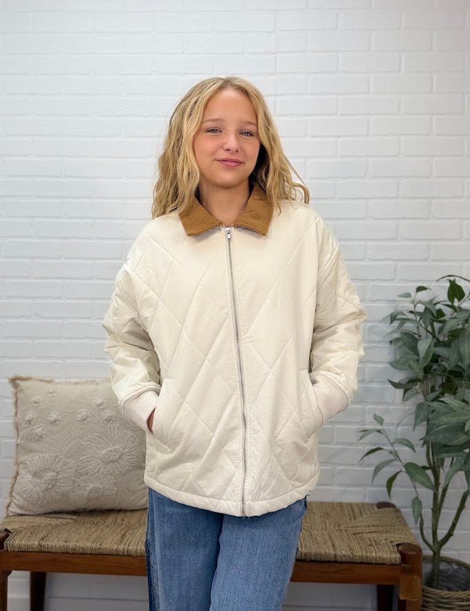 Corduroy Collar Quilted Zip-up Jacket