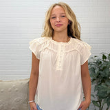 Ruffled Yoke Short Sleeve Henley Blouse