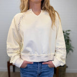 Raw Edge Notch Neck Lace Detail French Terry Sweatshirt Top