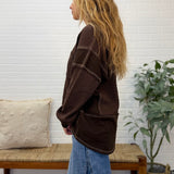 Split Neck Raw Edge Long Sleeve Ribbed Knit Top