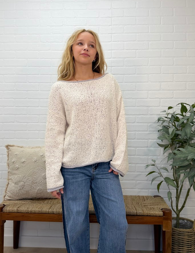 Boat Neck Contrast Trim Long Sleeve Knit Sweater