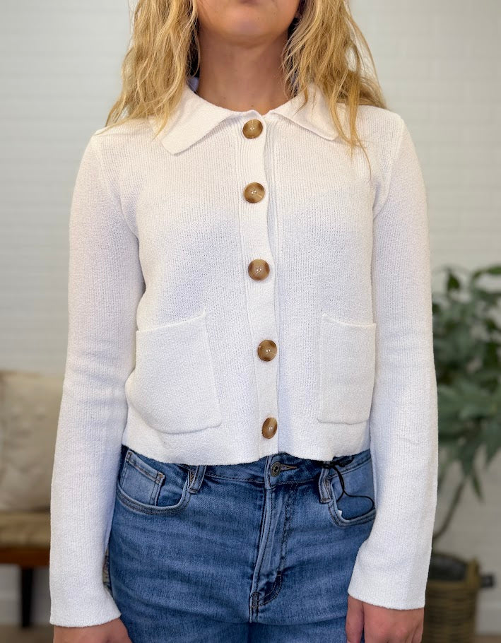 Collared Button Down Long Sleeve Knit Cardigan