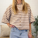 Stripe Raw Edge Short Sleeve Button Down Cardigan