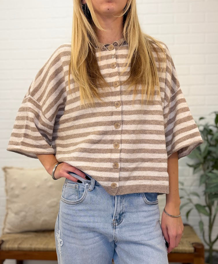 Stripe Raw Edge Short Sleeve Button Down Cardigan