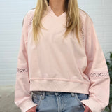 Raw Edge Notch Neck Lace Detail French Terry Sweatshirt Top