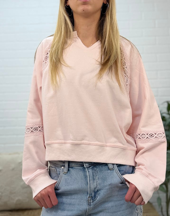 Raw Edge Notch Neck Lace Detail French Terry Sweatshirt Top