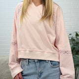 Raw Edge Notch Neck Lace Detail French Terry Sweatshirt Top