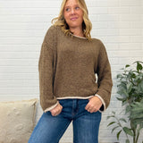 Boat Neck Contrast Trim Long Sleeve Knit Sweater