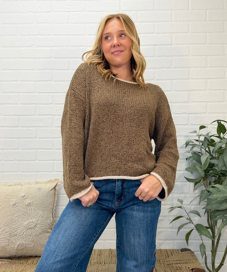 Boat Neck Contrast Trim Long Sleeve Knit Sweater