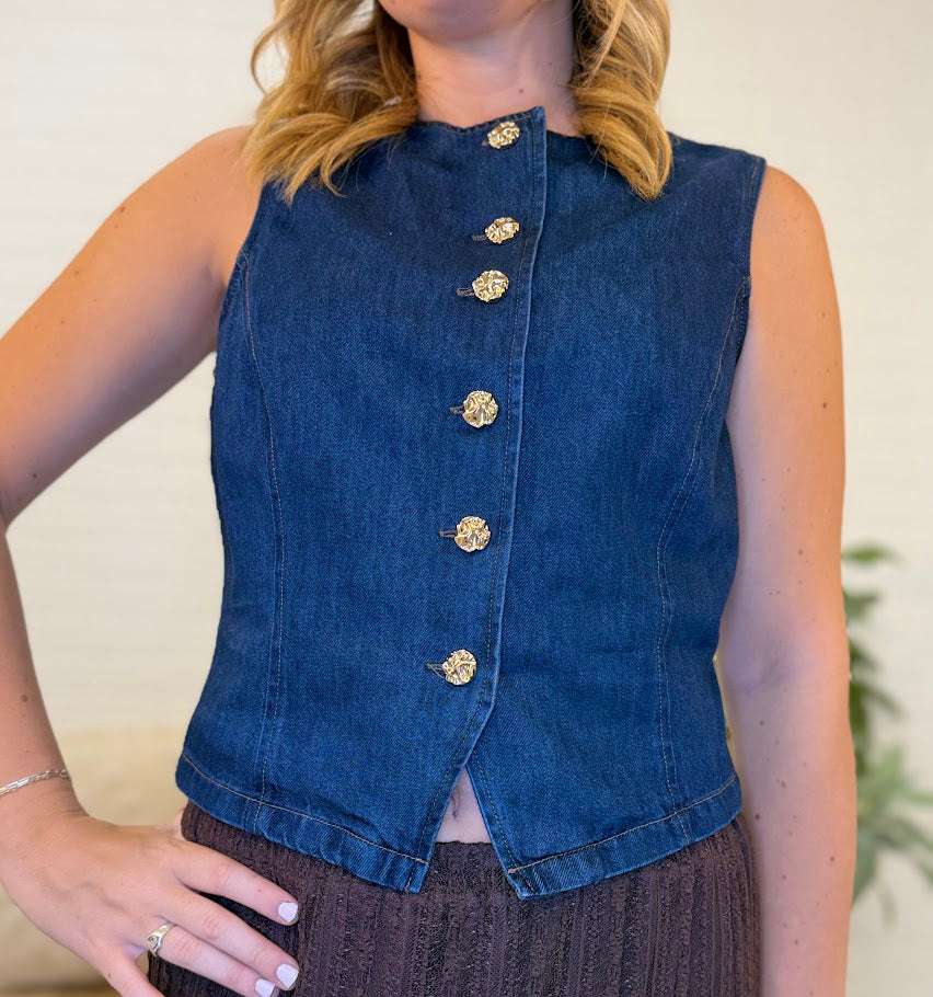 Gold Button Round Neck Denim Vest Top