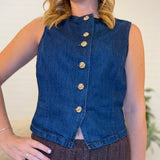 Gold Button Round Neck Denim Vest Top