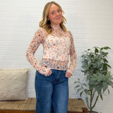 Floral Print Mesh Knit Long Sleeve Top With Thumb Opening