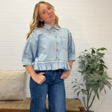 Washed Denim Ruffled Hem Button Up Shirt