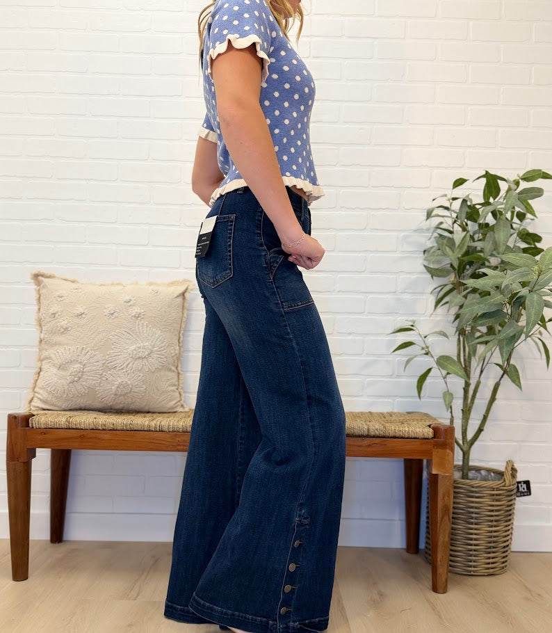 High Rise Wide Leg With Button Slit