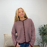 Stripe Raw Edge Button Down Long Sleeve Cardigan