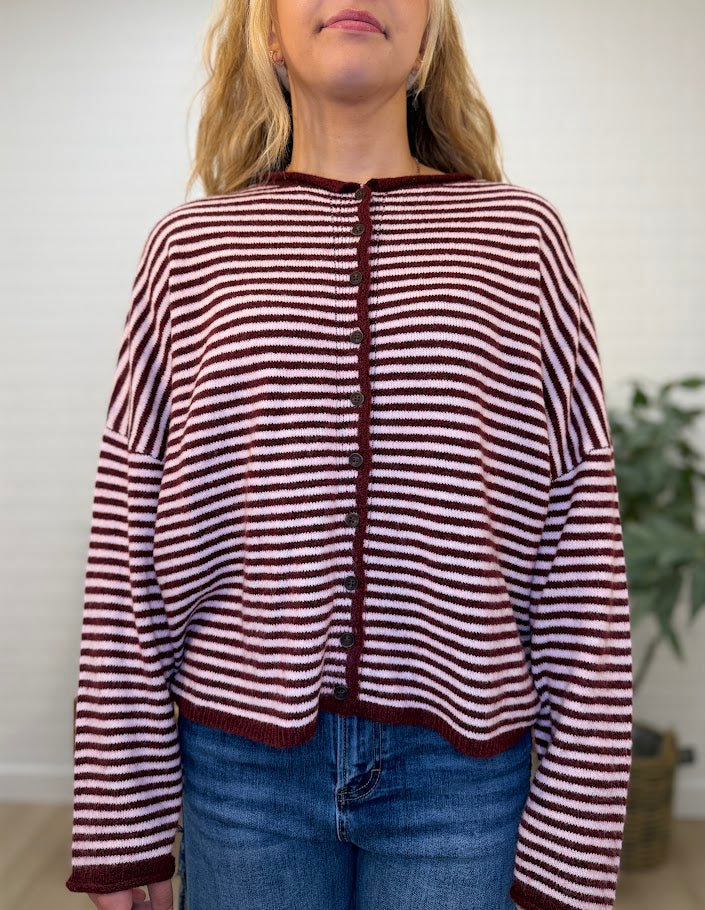 Stripe Raw Edge Button Down Long Sleeve Cardigan