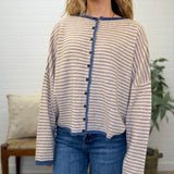 Stripe Raw Edge Button Down Long Sleeve Cardigan
