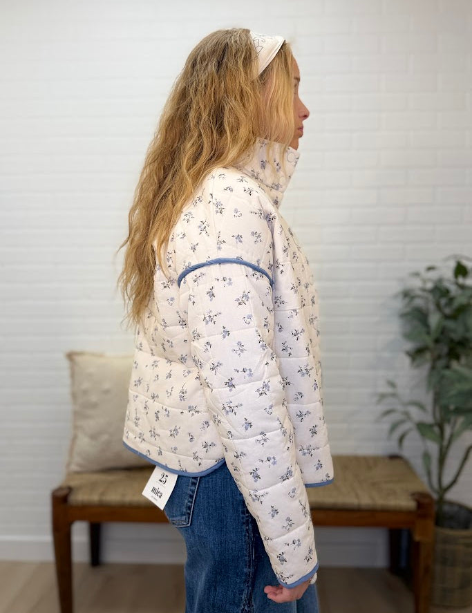 Floral Quilted Mock Neck Puffer Jacket
