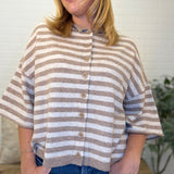 Stripe Raw Edge Short Sleeve Button Down Cardigan