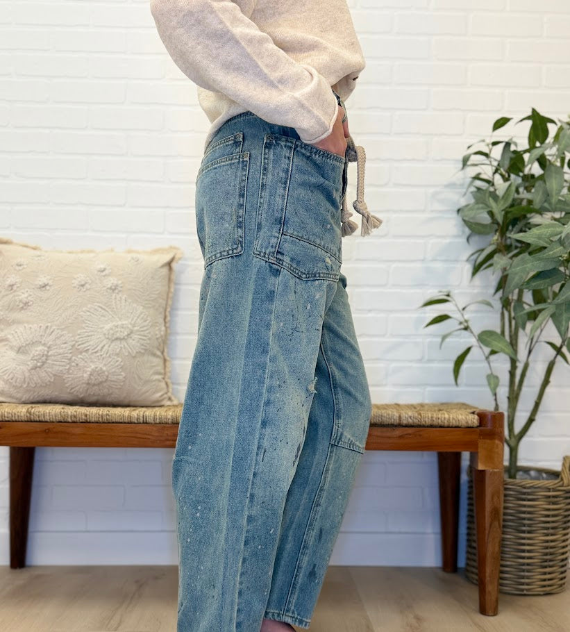 Braided Waist Belt Drip Paint Washed Denim