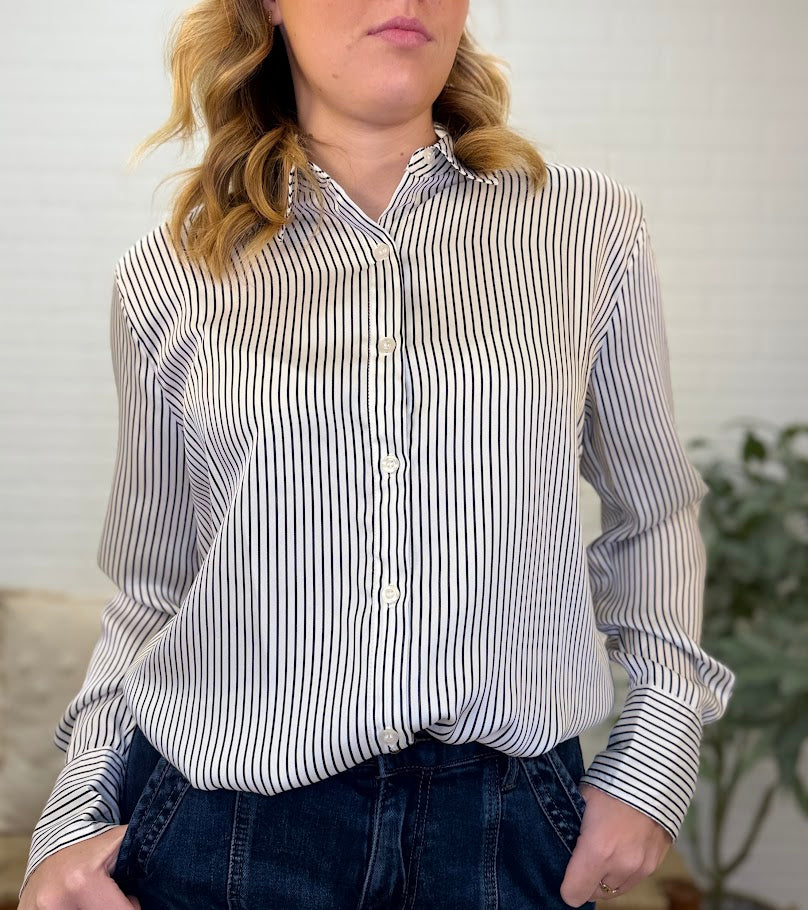 Pinstripe Collared Long Sleeve Top