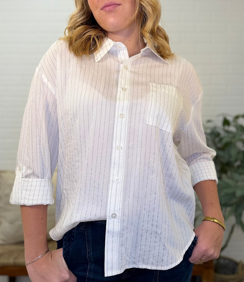 Pinstripe Collard Long Sleeve Button Down Top